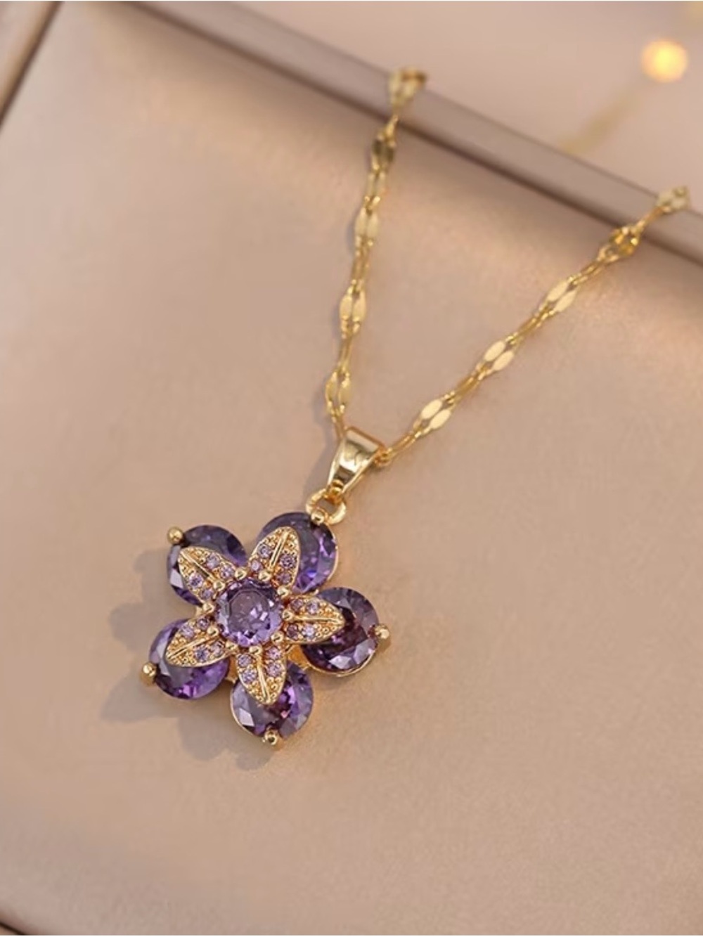 Gorgeous Gold and Purple Gemstone Flower Pendant Necklace - Picture 8 of 8